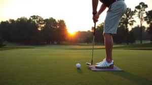 Golfer addressing ball on tee box at sunrise with manicured fairway stretching ahead, professional stance and posture, morning light illuminating course landscape, peaceful serene atmosphere