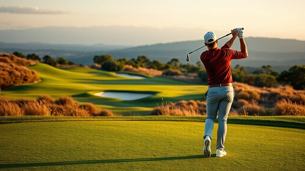 Professional golfer mid-swing on lush fairway with manicured greens and bunkers visible, natural landscape background, golden hour lighting, high-resolution golf photography