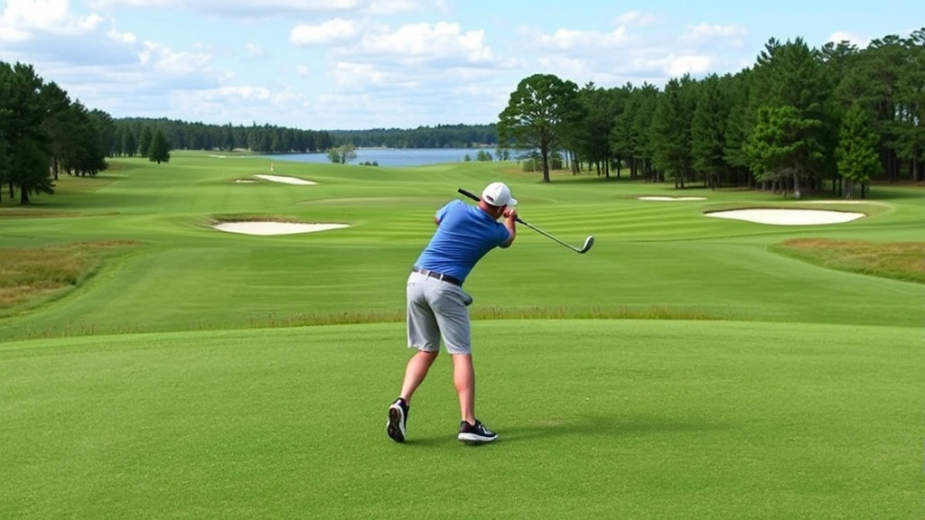 Golfer hitting approach shot from fairway toward green with bunkers and trees visible, mid-swing follow-through position, natural course setting with water hazard in background, dynamic action moment