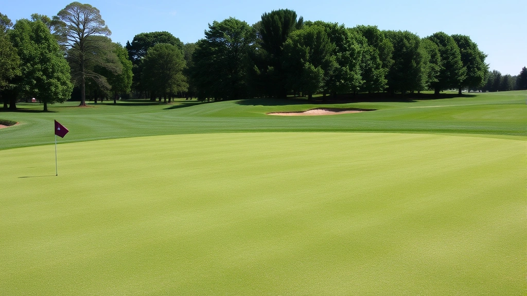 Well-maintained putting green with subtle contours, manicured fairway leading to tree-lined hole, clear sky, professional course conditions, daylight photography