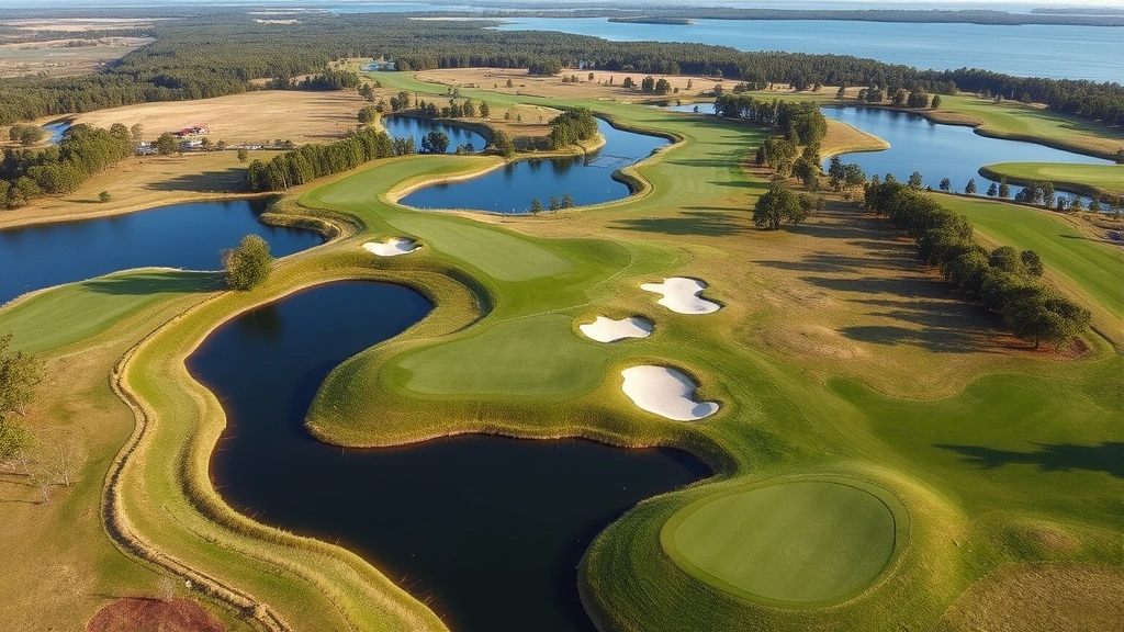 Golf course landscape with water hazards, undulating fairways, strategic bunker placement, natural Michigan scenery with trees and grass, aerial perspective showing hole design