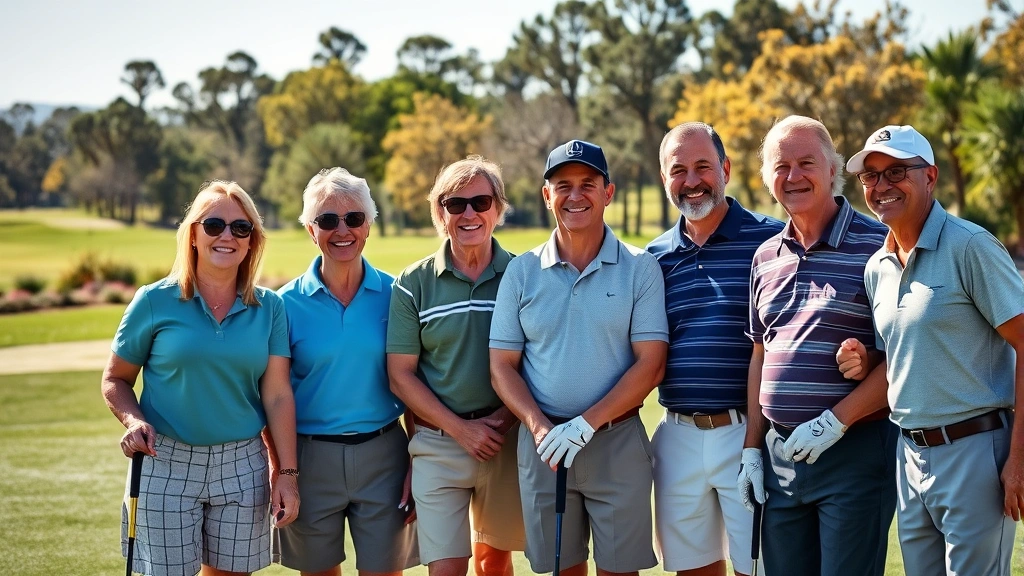 Diverse group of golfers of different ages and ethnicities enjoying a round of golf on a sunny day at a well-maintained course with beautiful landscaping and natural trees in background, showing genuine smiles and camaraderie