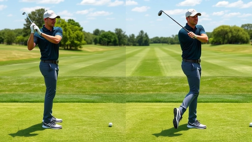 Professional golfer demonstrating proper golf stance and posture on a sunny practice range with manicured grass, showing ideal body alignment and grip position