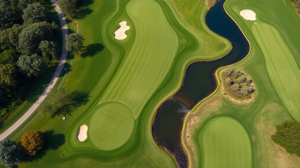 Aerial view of a pristine golf course landscape with manicured fairways, natural water features, native plants, and wildlife habitat areas demonstrating environmental conservation and sustainable course management
