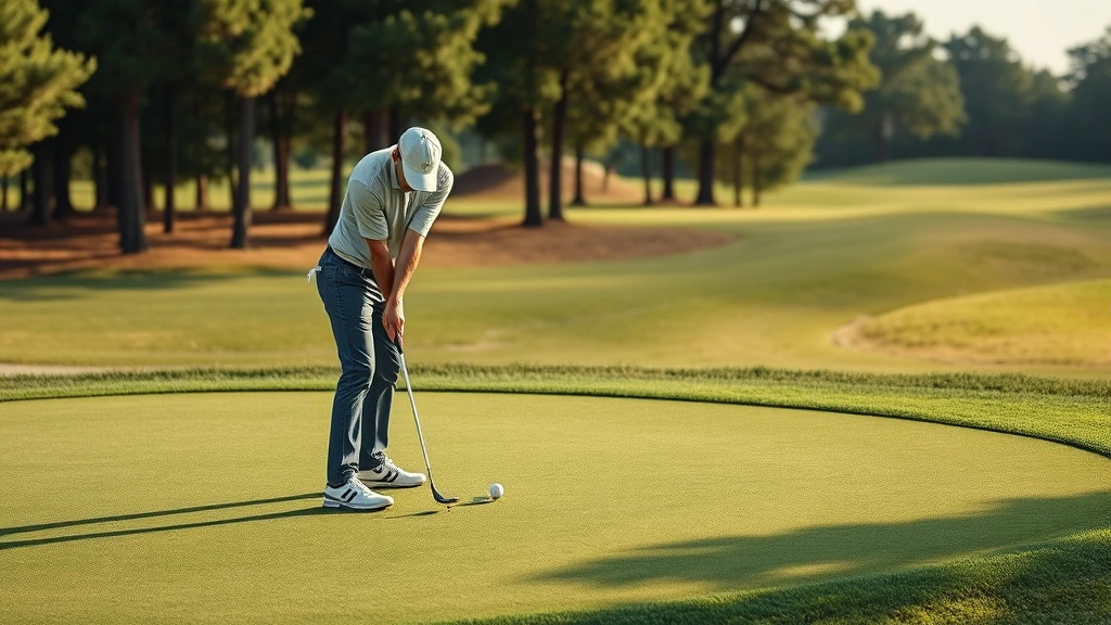 Golfer practicing short game shots on a well-maintained chipping green at a golf facility, demonstrating chip shot technique with various distances and angles