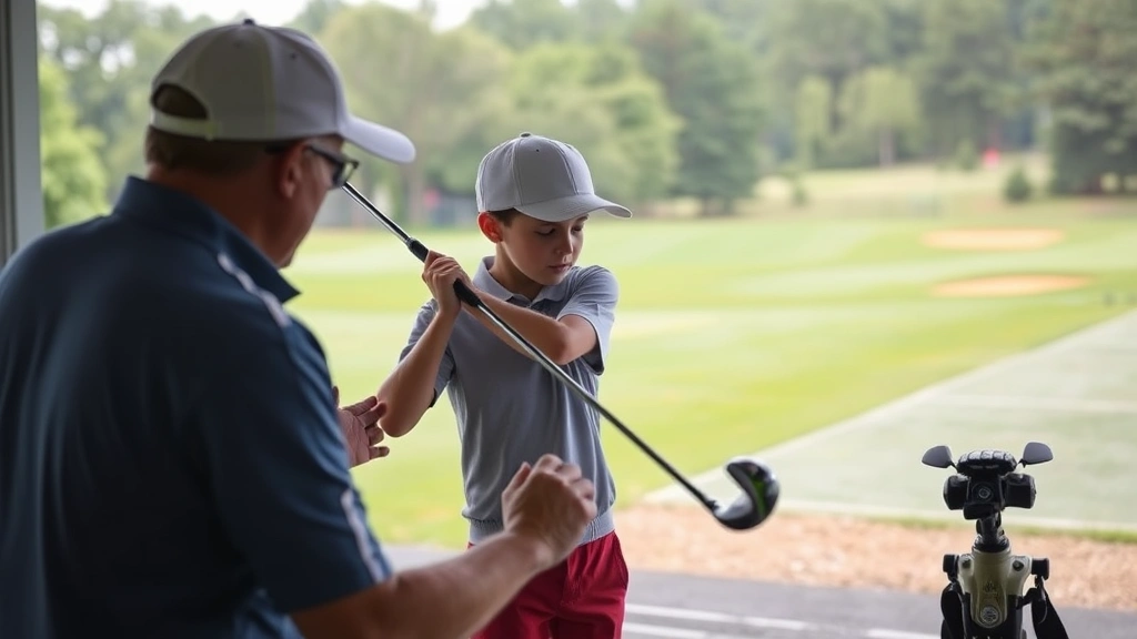 Youth golfer receiving instruction from professional coach on driving range, showing proper swing technique with focus and concentration, with practice range and course visible in background